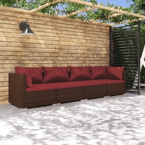 4 pcs conjunto lounge jardim c/ almofadões vime PE castanho