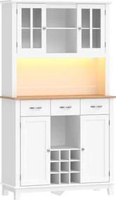 HOMCOM Armário de Cozinha com Iluminação LED Controlo por APP Suporte para Garrafas Porta e 3 Gavetas 100x39,5x180 cm Branco | Aosom Portugal