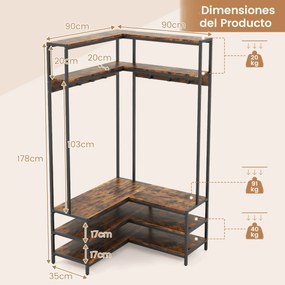 Cabide Guarda roupa aberto de canto com prateleiras abertas e ganchos Banco para sapatos Estrutura metálica sólida 90 x 90 x 178 cm Castanho rústica