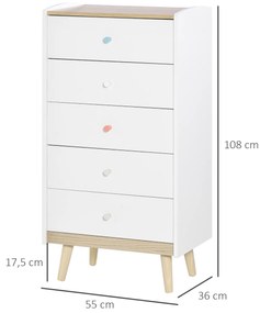 HOMCOM Cómoda Infantil de Madeira com 5 Gavetas para Crianças com Armazenamento para Brinquedos Roupa Livros 55x36x108cm Branco