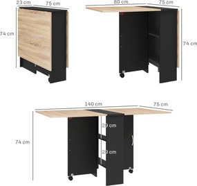 Mesa de Cozinha Dobrável (CADEIRAS NÃO INCLUIDAS) Mesa de Madeira com 2 Prateleiras de Armazenamento e Rodas 75x140x74 cm Preto e Madeira