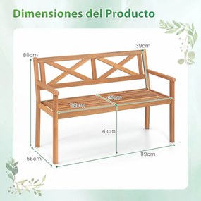 Banco de jardim de acácia de 2 lugares com encosto, 56 x 119 x 80 cm braços e assento em ripas, com capacidade para 360 kg, Natural