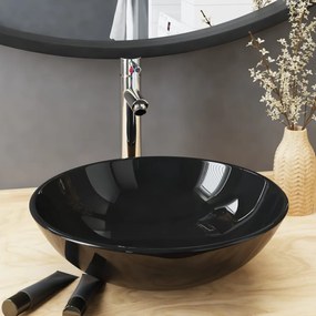 vidaXL Lavatório torneira válvula click-clack vidro temperado preto