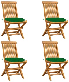 vidaXL Cadeiras de jardim c/ almofadões verdes 4 pcs teca maciça