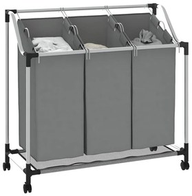 Cesto para roupa suja com rodas 3 compartimentos cinzento