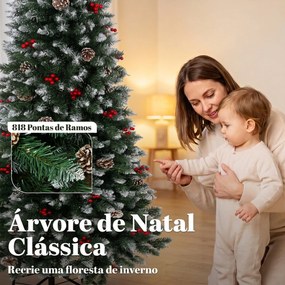 Árvore de Natal Nevada Tipo Lápis 210 cm Estreita com Bagas Vermelhas, Pinhas e 818 Pontas Verde