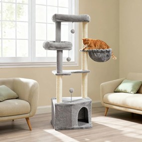 Arranhador para gatos com bolas de pelúcia 48,5 x 48,5 x 140,7 cm cinzento