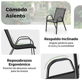 Conjunto móveis de Jardim 3 peças 2 cadeiras empilháveis 1 mesa de apoio Vidro temperado Tecido respirável Jardim Varanda Terraço Pátio Preto