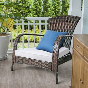 Cadeira Jardim de Rattan com apoios de braços e almofada para Cadeira de Cozinha Exterior Terraço Jardim Castanho escuro