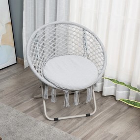 Poltrona redonda de jardim Loveuse, poltrona Papasan em forma de lua, dobrável, de grande conforto, em macramé de algodão e poliéster cinzento