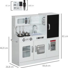 AIYAPLAY Cozinha de Brincar para Crianças Cozinha Infantil de Madeira com Acessórios Máquina de Gelo e Ardósia 83,8x26,8x81 cm Branco