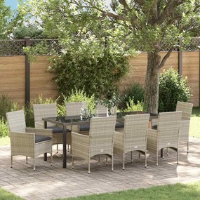 vidaXL Conjunto de Jantar para Jardim com 9 Peças e Almofadas de Rattan Sintético Cinza Claro