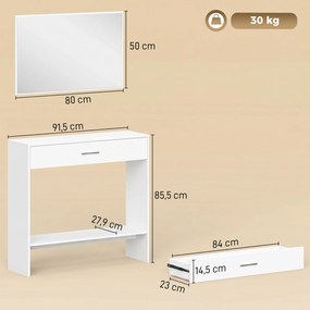 Consola de Entrada com Espelho, Gaveta e Prateleira para Hall, 91,5x27,9x85,5 cm, Branco