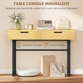 Mesa consola 110 (C) x 35 (P) x 76,5 (A) cm estreita com 2 gavetas, estrutura em metal e design sem puxadores, cor natural