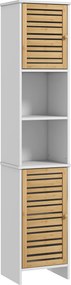HOMCOM Coluna Casa de Banho Móvel Auxiliar Casa de Banho com Prateleiras Ajustáveis e Portas de Bambu 35x30x170 cm Branco e Madeira | Aosom Portugal