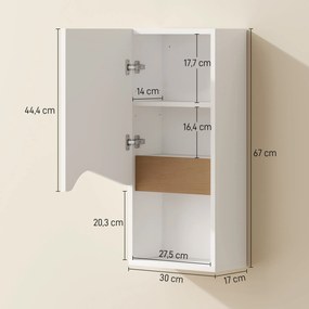 Armário de parede para casa de banho 30 x 17 x 67 cm com porta de fecho suave, prateleira ajustável e compartimento aberto, branco