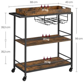 Carrinho de cozinha e bar com pés e Rodas 40 x 88 x 96 cm castanho Vintage-preto