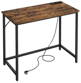 Mesa de jogos VASAGLE para escritório com luzes LED, filtro de linha, mesa de computador, 50 x 100 x 76, economiza espaço, para sala de estudo, escritório doméstico, tinta marrom-preta vintage LWD141B81