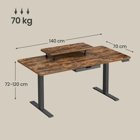 Secretária elétrica com altura ajustável, 140 x 70 x (82,5-130,5) cm, suporte para monitor castanha