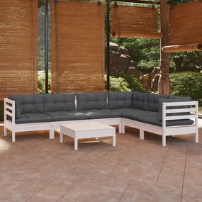 7 pcs conj. lounge de jardim c/ almofadões pinho maciço branco