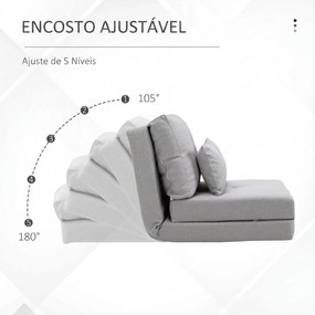 Sofá-Cama Individual Dobrável Revestido em Linho com Encosto Ajustável 5 Posições 1 Almofada Cinzento Claro