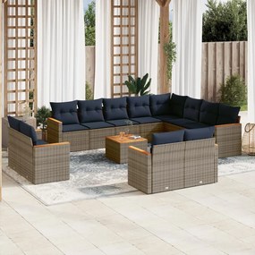 vidaXL 13 pcs conjunto sofás p/ jardim c/ almofadões vime PE cinzento