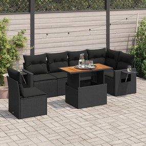 7 pcs conjunto de sofás p/ jardim c/ almofadões vime PE preto