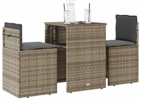 3 pcs conjunto bistrô com almofadões vime PE cinza