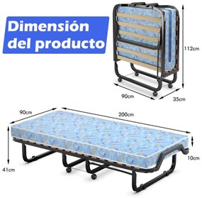 Cama de solteiro dobrável com colchão viscoelástico estrutura metálica portátil 90 x 200 x 41 cm