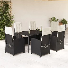 7 pcs conjunto de jantar p/ jardim c/ almofadões vime PE preto