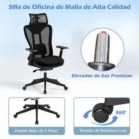 Cadeira de escritório em malha com encosto ajustável em 3 níveis, almofada lombar e apoio para a cabeça, braços, 70 x 68 x 116-124 cm, preta