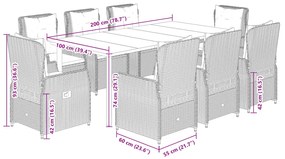 9 pcs conjunto de jantar p/ jardim com almofadões vime PE bege