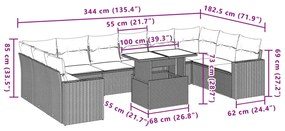 11 pcs conjunto sofás de jardim c/ almofadões vime PE cinzento