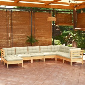 vidaXL 8 pcs conjunto lounge jardim c/ almofadões creme pinho maciço