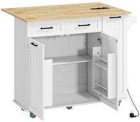 HOMCOM Ilha de Cozinha Extensível com 2 Gavetas Tomadas USB Rodas Carrinho de Cozinha Bancada Rebatível Branco | Aosom Portugal