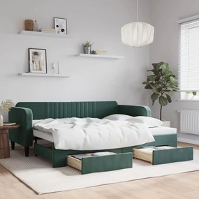 Sofá-cama c/ gavetão e gavetas 90x200 cm veludo verde-escuro