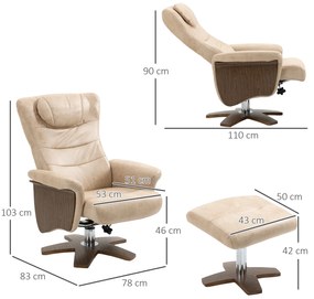 Poltrona Relax com Apoio para os Pés Poltrona Reclinável até 135° e Giratória 360° com Encosto Ajustável para Sala de Estar Escritório 78x83x103cm Beg