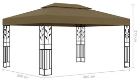 Gazebo com toldo duplo e luzes LED 3x4m cinza-acastanhado