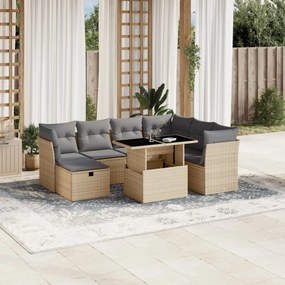 8 pcs conjunto de sofás p/ jardim com almofadões vime PE bege