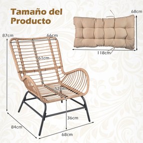 Cadeira de jardim em rattan com almofada removível, encosto alto, braços e Estrutura metálica para terraço, pátio ou varanda, com capacidade para 170