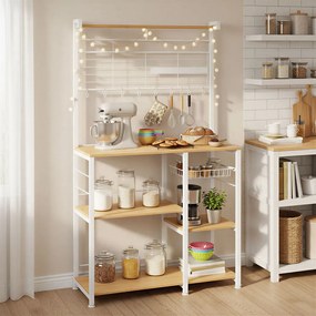 Armário de cozinha com prateleira, barra magnética para facas, cesto de arame 42 x 90 x 167 cm cor carvalho dourado-branco