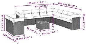 12 pcs conjunto sofás p/ jardim c/ almofadões vime PE cinzento