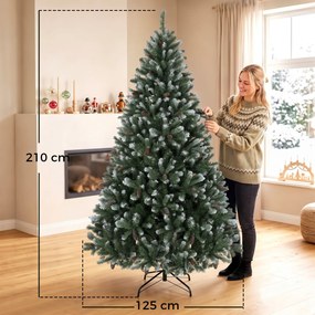Árvore de Natal Artificial 210 cm com 1140 Pontas, Efeito de Neve 75 Pinhas e Base Metálica Dobrável Verde e Branco