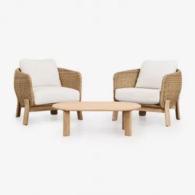 Conjunto De Sala Com 2 Poltronas E Mesa De Centro Em Madeira De Acácia E Rattan Leilan Marrom Acácia Claro - Sklum