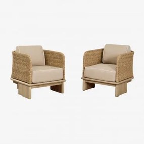 Pacote De 2 Poltronas De Jardim Famara Em Rattan E Madeira De Acácia Marrom Acácia Claro - Sklum