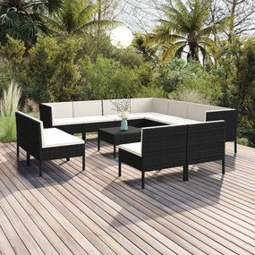 vidaXL 12 pcs conjunto lounge de jardim c/ almofadões vime PE preto