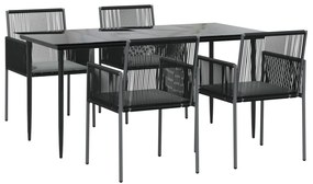 5 pcs conjunto jantar p/ jardim c/ almofadões vime PE/aço preto