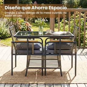 Conjunto Jardim de 3 peças de vime com almofadas, mesa retangular e cadeiras para varanda ou jardim castanho e cinza escuro