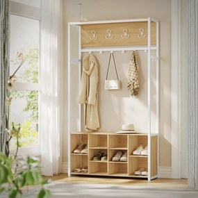 Armario entrada com cabide moderno com sapateira 32 x 100 x 180 cm e compartimentos abertos em cor de carvalho e branco