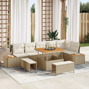 vidaXL Conjunto de Sofá de Jardim com 9 Peças e Almofadas Vime Poli Bege Acácia